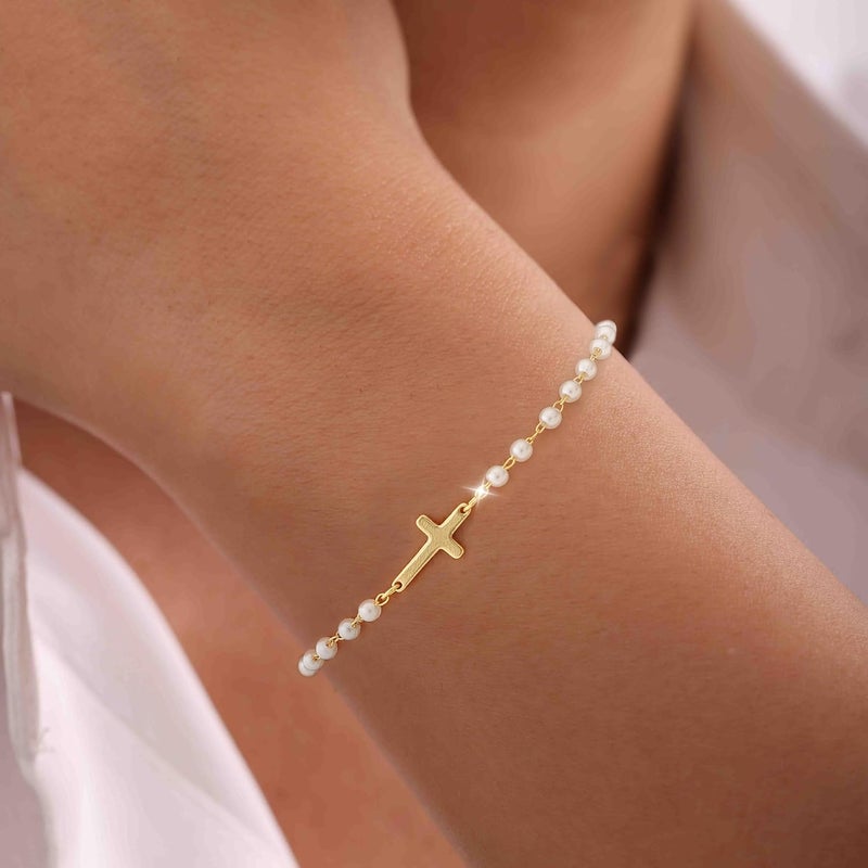 Moodear Valentines Day Gifts for Her, Dainty 925 Sterling Silver/14k Gold Plated CZ Cross Bracelet Layered Snake Pearl Chain Knot Bracelets for Women Trendy Religious Christian Jewelry - Image 3
